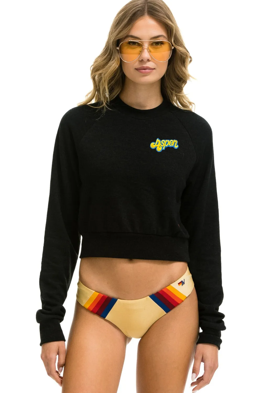 Sweatshirts | Aviator Nation ASPEN EMBROIDERY CROPPED CREW SWEATSHIRT - BLACK