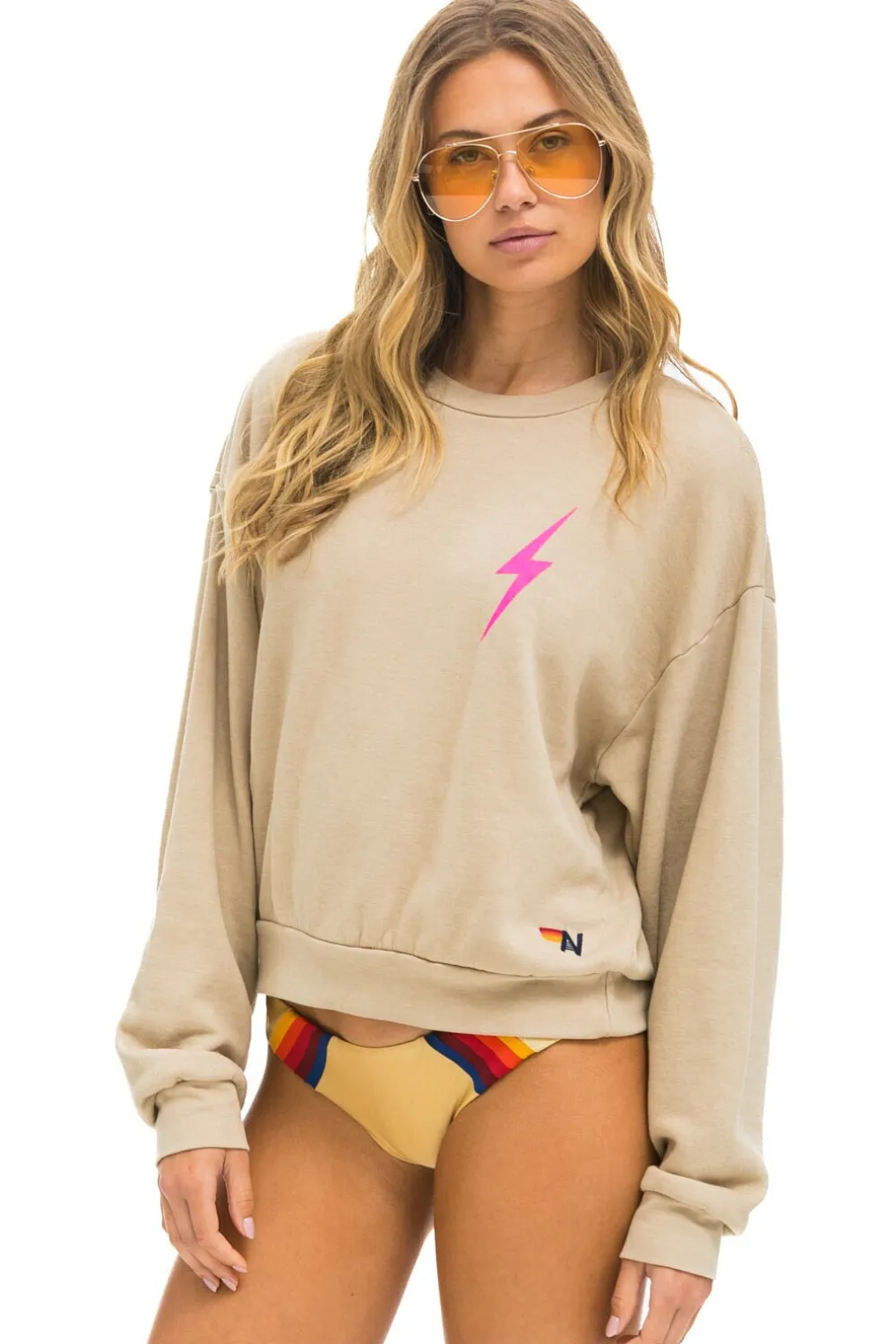 Sweatshirts | Sweatshirts | Aviator Nation BOLT 2 RELAXED CREW SWEATSHIRT - SAND // NEON PINK SAND//NEONPINK