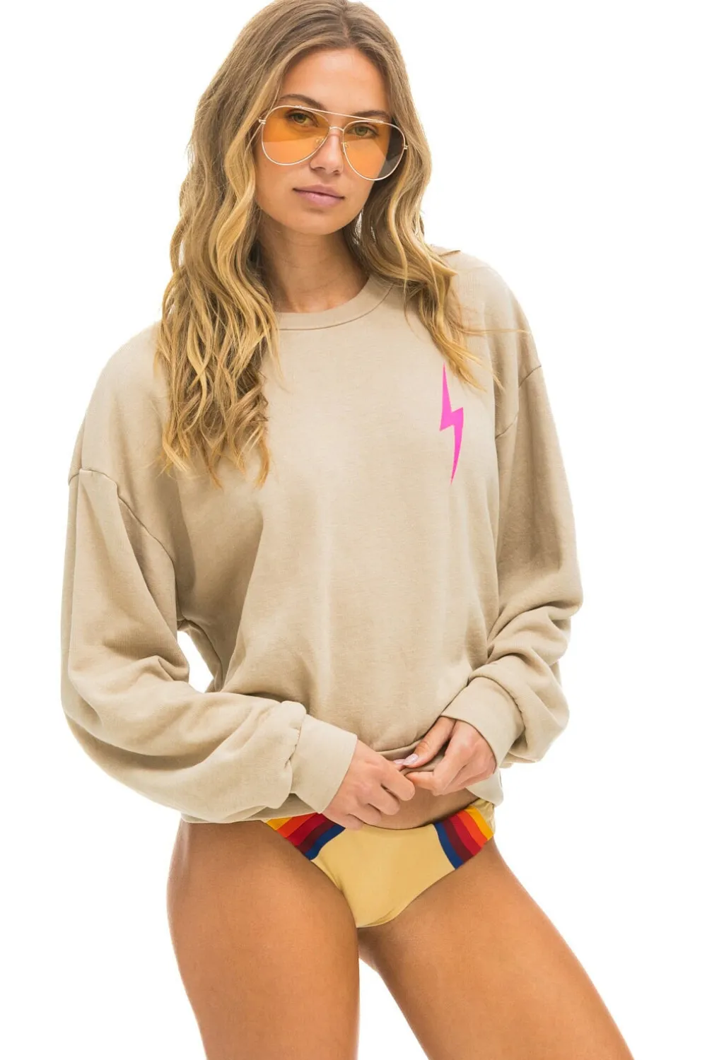 Sweatshirts | Sweatshirts | Aviator Nation BOLT 2 RELAXED CREW SWEATSHIRT - SAND // NEON PINK SAND//NEONPINK