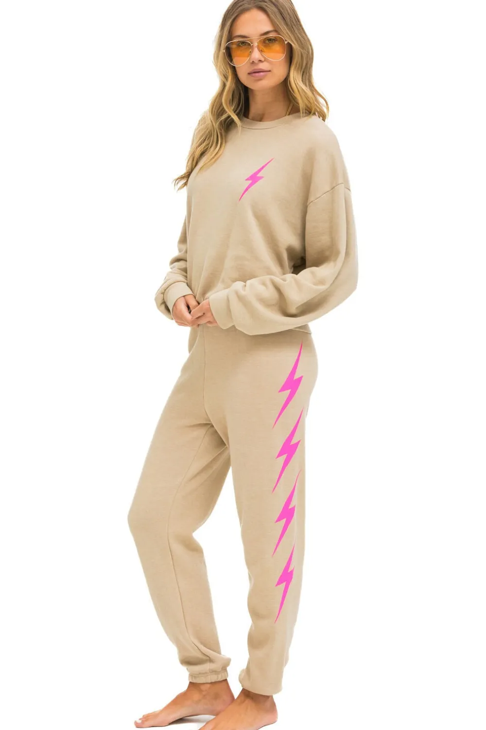 Sweatshirts | Sweatshirts | Aviator Nation BOLT 2 RELAXED CREW SWEATSHIRT - SAND // NEON PINK SAND//NEONPINK