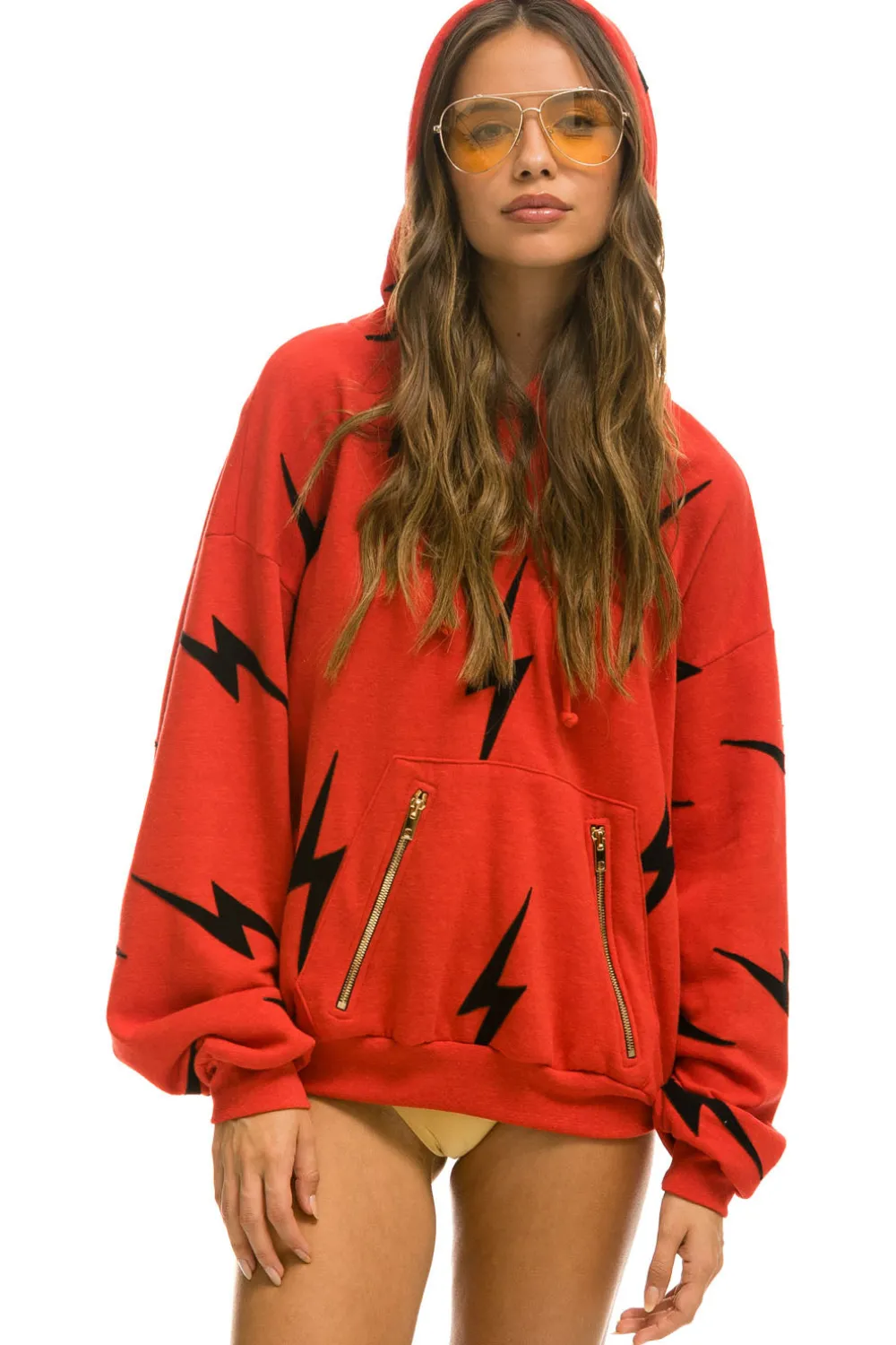 Hoodies | Hoodies | Aviator Nation BOLT STITCH REPEAT RELAXED PULLOVER HOODIE WITH POCKET ZIPPERS - RED // BLACK RED//BLACK