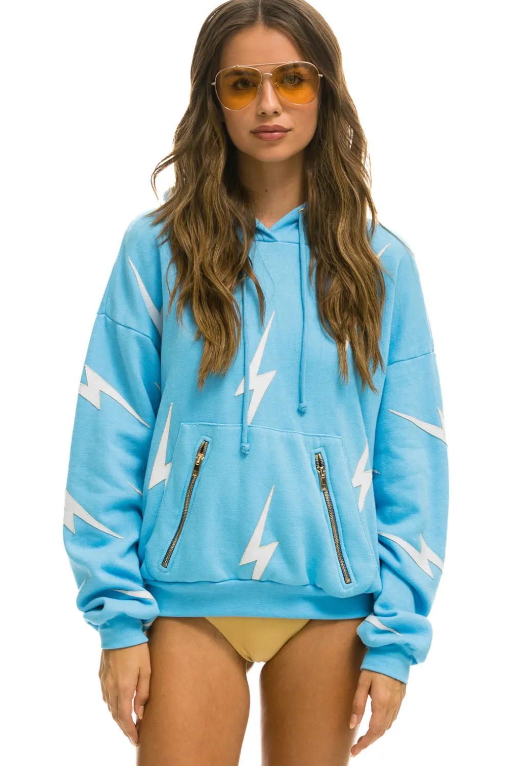 Hoodies | Hoodies | Aviator Nation BOLT STITCH REPEAT RELAXED PULLOVER HOODIE WITH POCKET ZIPPERS - SKY // WHITE SKY//WHITE