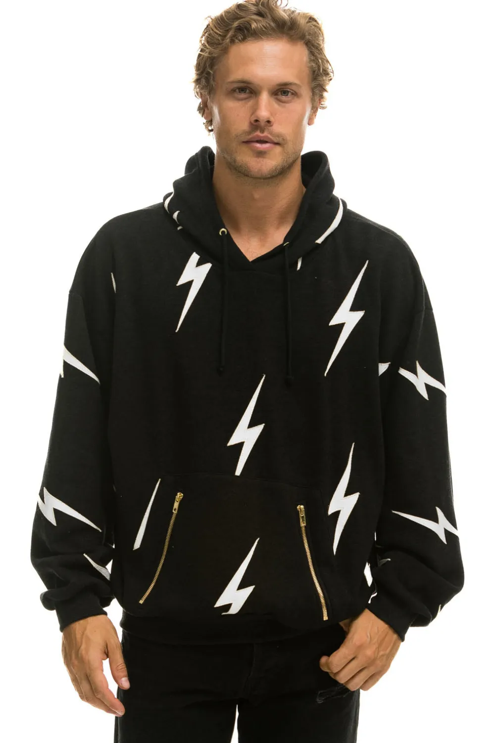 Hoodies | Hoodies | Aviator Nation BOLT STITCH REPEAT RELAXED PULLOVER HOODIE WITH POCKET ZIPPERS - BLACK // WHITE BLACK//WHITE