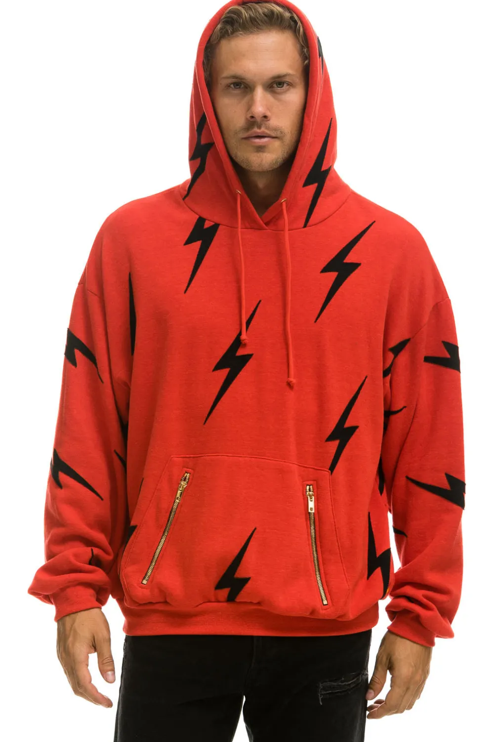 Hoodies | Hoodies | Aviator Nation BOLT STITCH REPEAT RELAXED PULLOVER HOODIE WITH POCKET ZIPPERS - RED // BLACK RED//BLACK