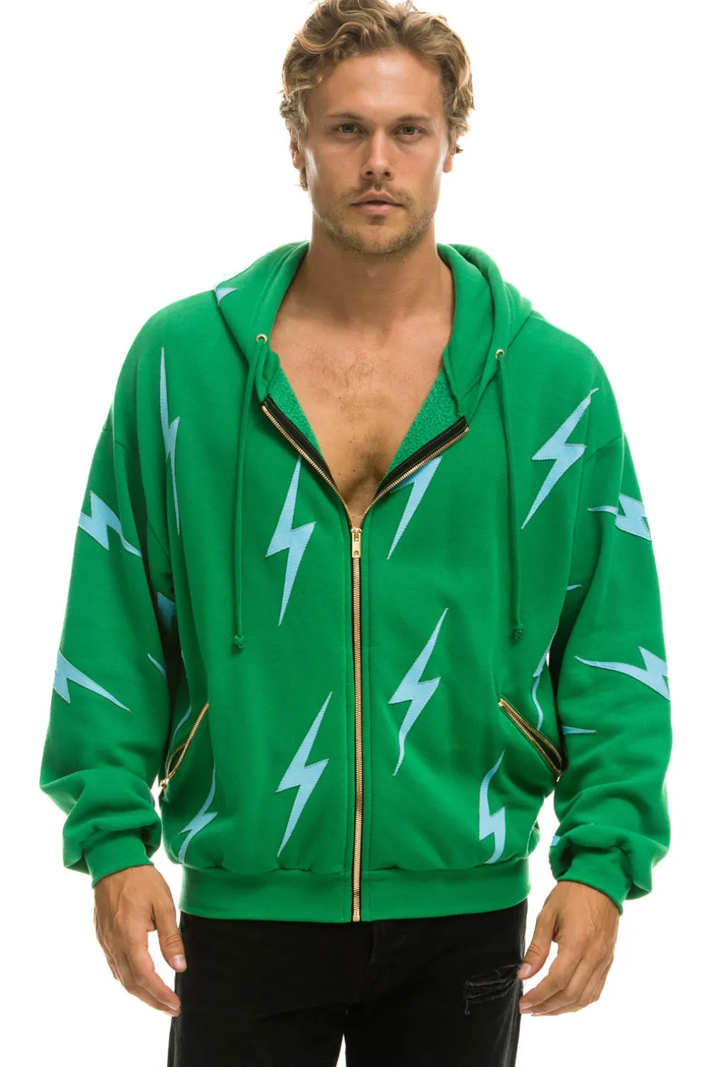 Hoodies | Hoodies | Aviator Nation BOLT STITCH REPEAT RELAXED ZIP HOODIE WITH POCKET ZIPPERS - KELLY GREEN // BLUE KELLYGREEN//BLUE