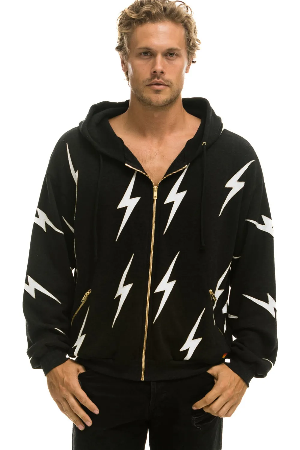 Hoodies | Hoodies | Aviator Nation BOLT STITCH REPEAT RELAXED ZIP HOODIE WITH POCKET ZIPPERS- BLACK // WHITE Hoodiesare UNISEX sizing-FemalemodelwearingsizeXS.MalemodelwearingsizeL.-HandsewninourownfactoryintheheartofLosAngeles-Tri-Blend
