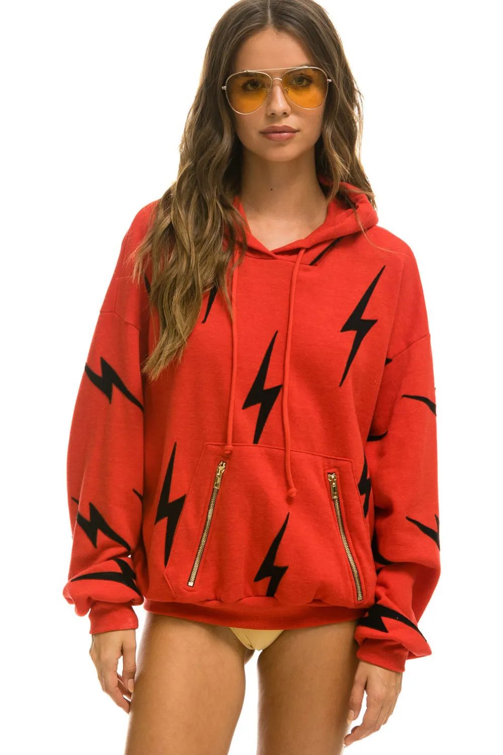 Hoodies | Hoodies | Aviator Nation BOLT STITCH REPEAT RELAXED PULLOVER HOODIE WITH POCKET ZIPPERS - RED // BLACK RED//BLACK
