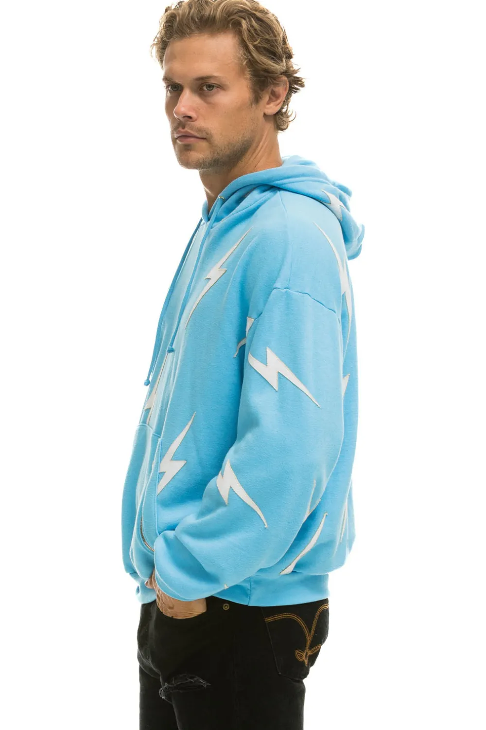Hoodies | Hoodies | Aviator Nation BOLT STITCH REPEAT RELAXED PULLOVER HOODIE WITH POCKET ZIPPERS - SKY // WHITE SKY//WHITE