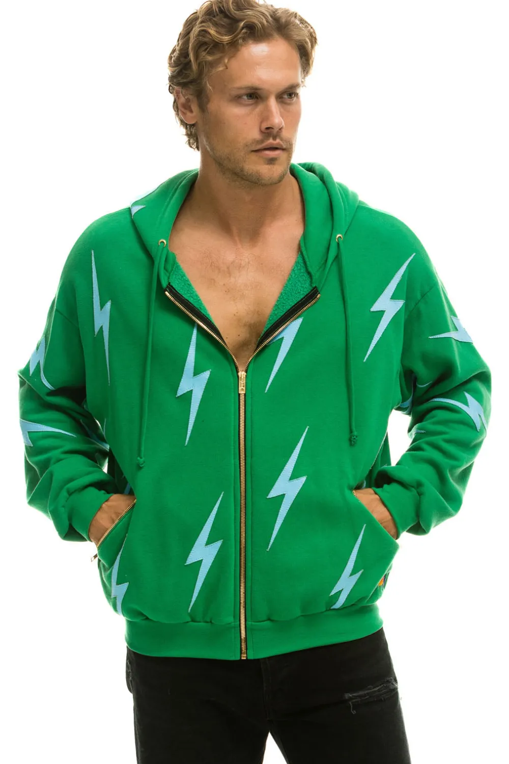 Hoodies | Hoodies | Aviator Nation BOLT STITCH REPEAT RELAXED ZIP HOODIE WITH POCKET ZIPPERS - KELLY GREEN // BLUE KELLYGREEN//BLUE