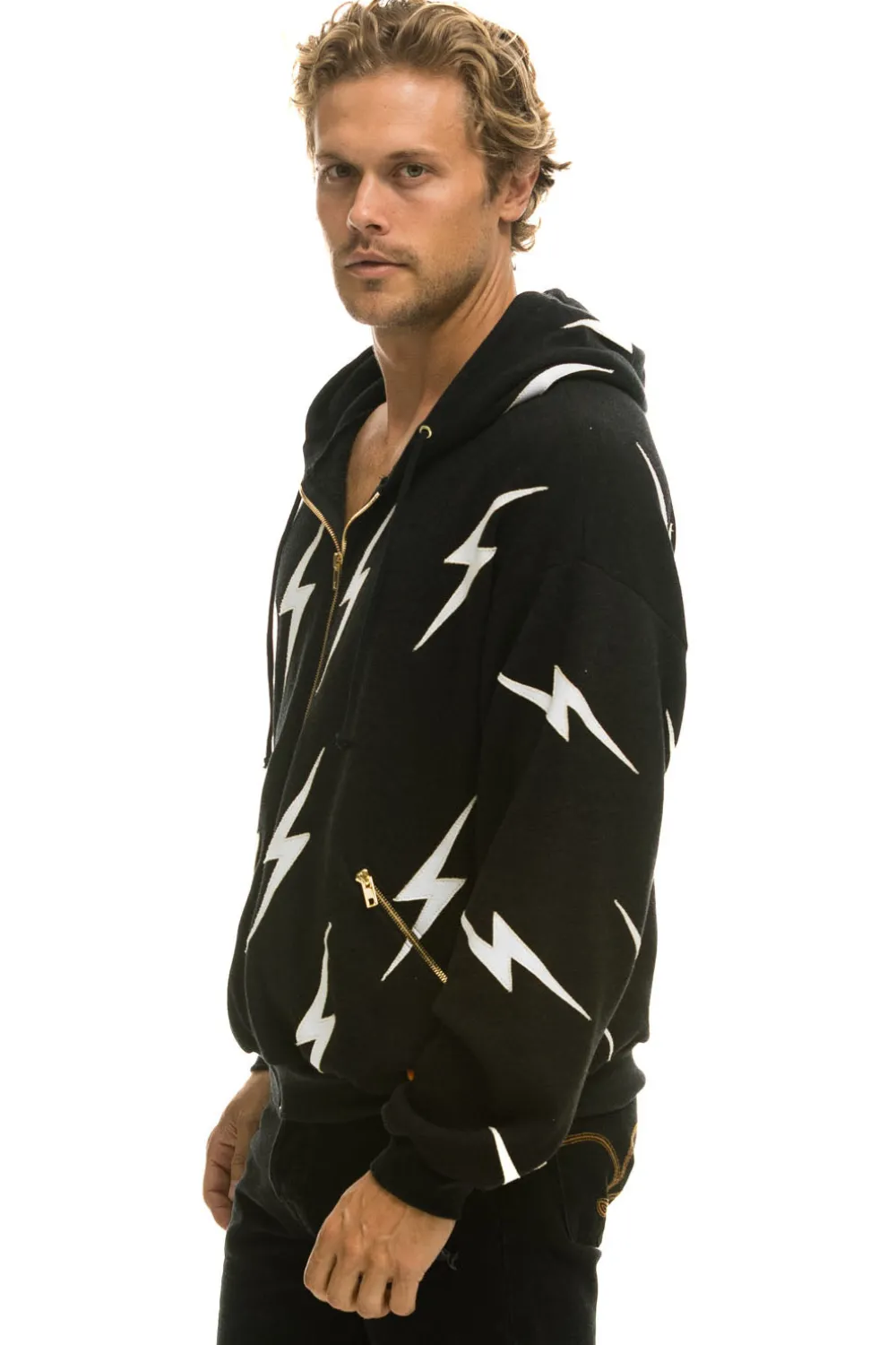 Hoodies | Hoodies | Aviator Nation BOLT STITCH REPEAT RELAXED ZIP HOODIE WITH POCKET ZIPPERS- BLACK // WHITE Hoodiesare UNISEX sizing-FemalemodelwearingsizeXS.MalemodelwearingsizeL.-HandsewninourownfactoryintheheartofLosAngeles-Tri-Blend