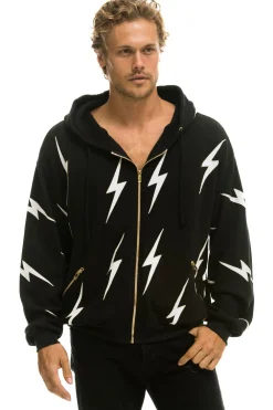 Hoodies | Hoodies | Aviator Nation BOLT STITCH REPEAT RELAXED ZIP HOODIE WITH POCKET ZIPPERS- BLACK // WHITE Hoodiesare UNISEX sizing-FemalemodelwearingsizeXS.MalemodelwearingsizeL.-HandsewninourownfactoryintheheartofLosAngeles-Tri-Blend