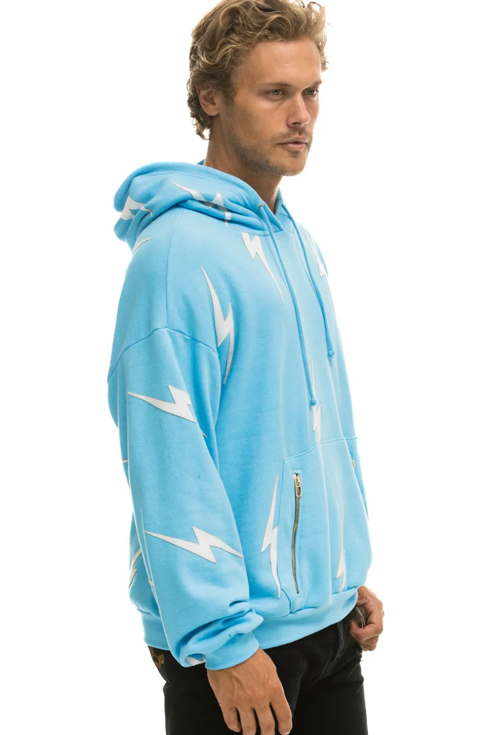 Hoodies | Hoodies | Aviator Nation BOLT STITCH REPEAT RELAXED PULLOVER HOODIE WITH POCKET ZIPPERS - SKY // WHITE SKY//WHITE