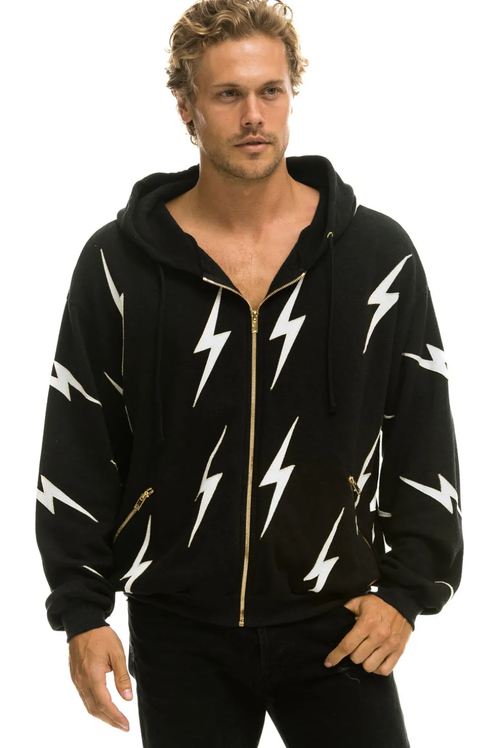 Hoodies | Hoodies | Aviator Nation BOLT STITCH REPEAT RELAXED ZIP HOODIE WITH POCKET ZIPPERS- BLACK // WHITE Hoodiesare UNISEX sizing-FemalemodelwearingsizeXS.MalemodelwearingsizeL.-HandsewninourownfactoryintheheartofLosAngeles-Tri-Blend