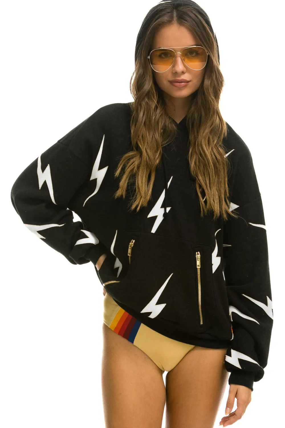 Hoodies | Hoodies | Aviator Nation BOLT STITCH REPEAT RELAXED PULLOVER HOODIE WITH POCKET ZIPPERS - BLACK // WHITE BLACK//WHITE
