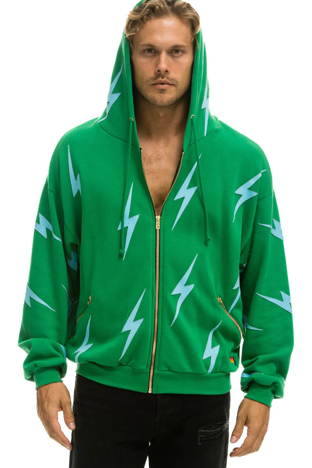 Hoodies | Hoodies | Aviator Nation BOLT STITCH REPEAT RELAXED ZIP HOODIE WITH POCKET ZIPPERS - KELLY GREEN // BLUE KELLYGREEN//BLUE