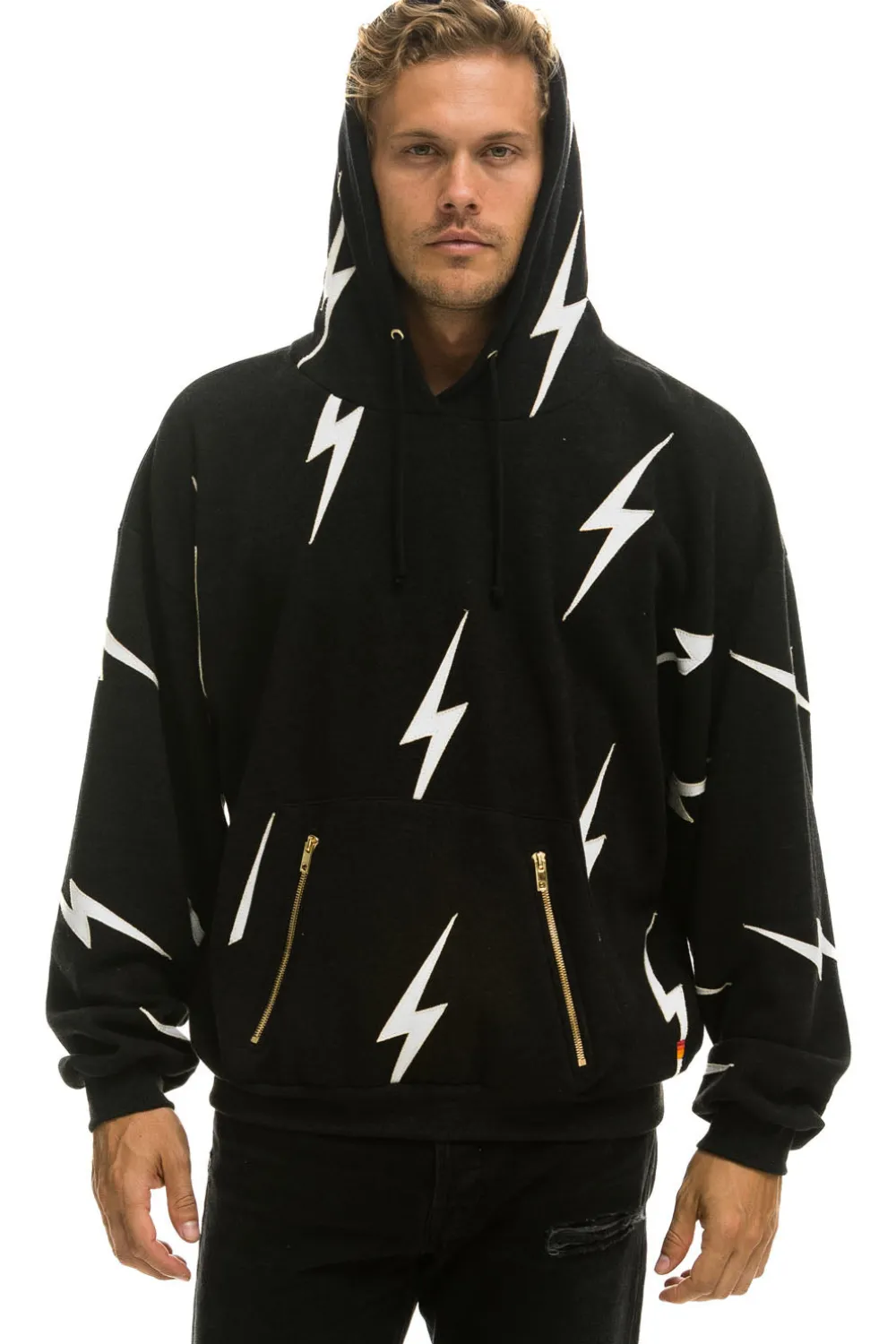 Hoodies | Hoodies | Aviator Nation BOLT STITCH REPEAT RELAXED PULLOVER HOODIE WITH POCKET ZIPPERS - BLACK // WHITE BLACK//WHITE