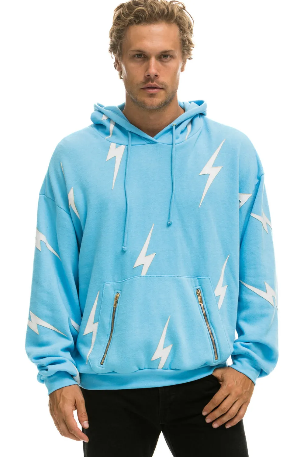 Hoodies | Hoodies | Aviator Nation BOLT STITCH REPEAT RELAXED PULLOVER HOODIE WITH POCKET ZIPPERS - SKY // WHITE SKY//WHITE