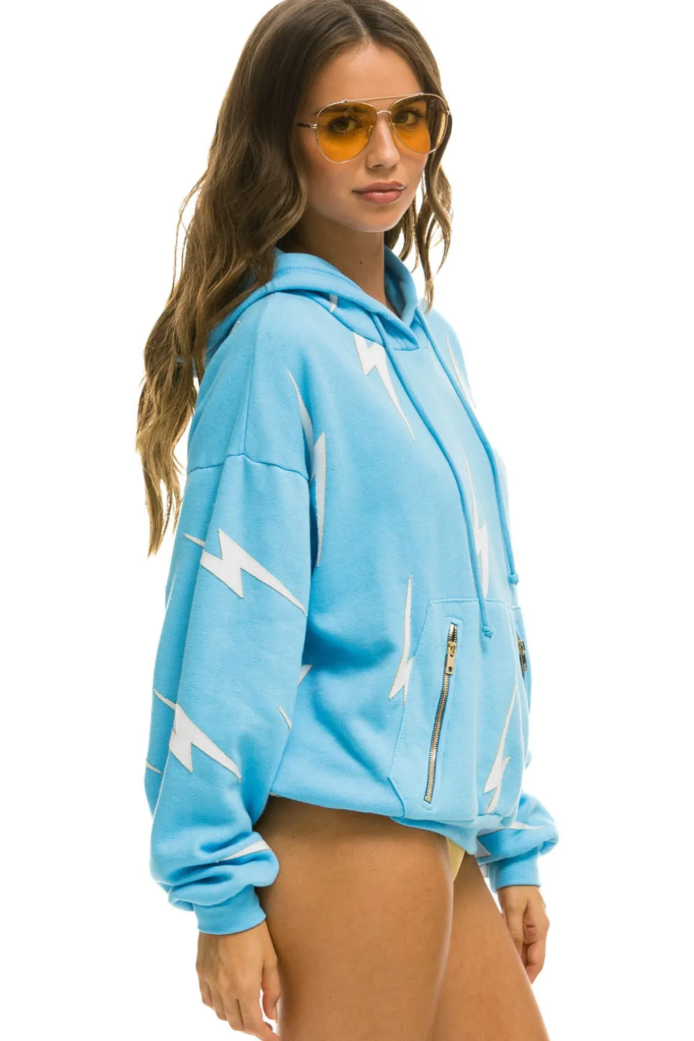 Hoodies | Hoodies | Aviator Nation BOLT STITCH REPEAT RELAXED PULLOVER HOODIE WITH POCKET ZIPPERS - SKY // WHITE SKY//WHITE
