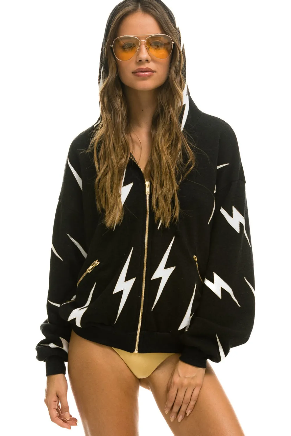 Hoodies | Hoodies | Aviator Nation BOLT STITCH REPEAT RELAXED ZIP HOODIE WITH POCKET ZIPPERS- BLACK // WHITE Hoodiesare UNISEX sizing-FemalemodelwearingsizeXS.MalemodelwearingsizeL.-HandsewninourownfactoryintheheartofLosAngeles-Tri-Blend