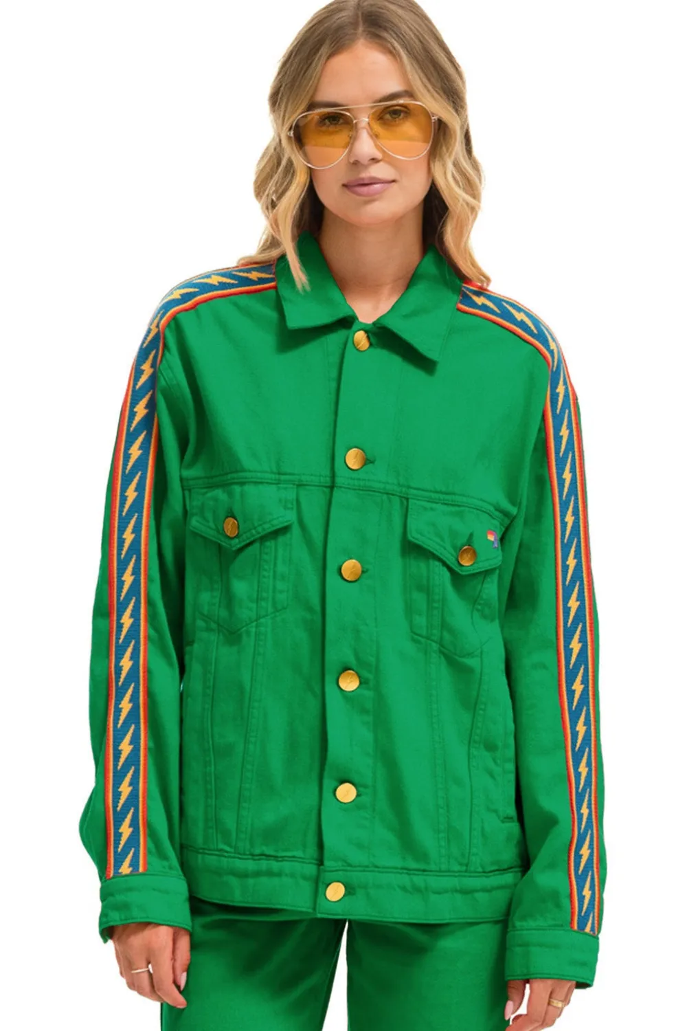 Denim | Denim | Aviator Nation BOLT STRIPE OVERSIZED CONCERT DENIM JACKET - KELLY GREEN KELLYGREEN