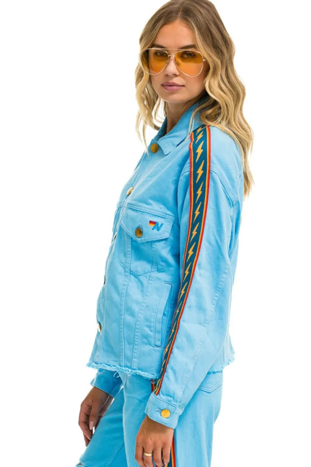 Denim | Denim | Aviator Nation BOLT STRIPE OVERSIZED CUTOFF DENIM JACKET - SKY