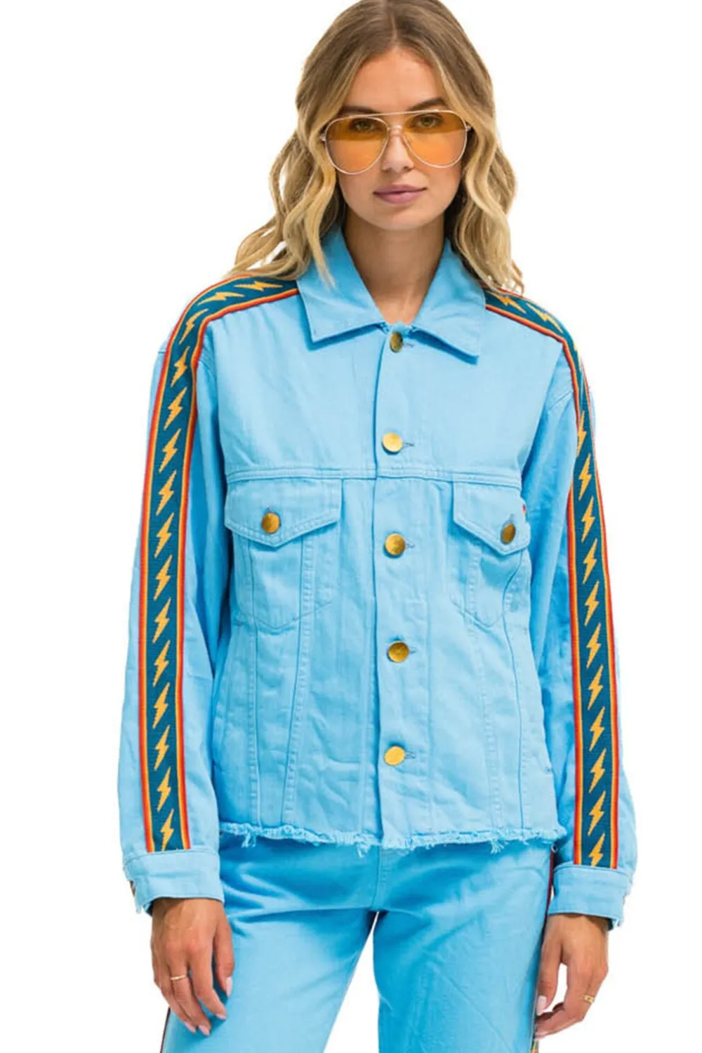 Denim | Denim | Aviator Nation BOLT STRIPE OVERSIZED CUTOFF DENIM JACKET - SKY