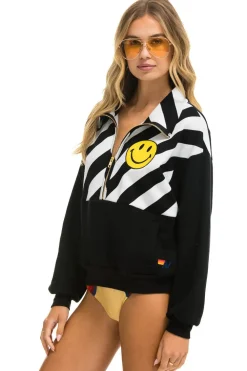 Sweatshirts | Sweatshirts | Aviator Nation CAUTION SMILEY 2 EMBROIDERY FLEECE HALF ZIP SWEATSHIRT - BLACK // WHITE BLACK//WHITE