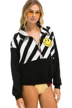 Sweatshirts | Sweatshirts | Aviator Nation CAUTION SMILEY 2 EMBROIDERY FLEECE HALF ZIP SWEATSHIRT - BLACK // WHITE BLACK//WHITE