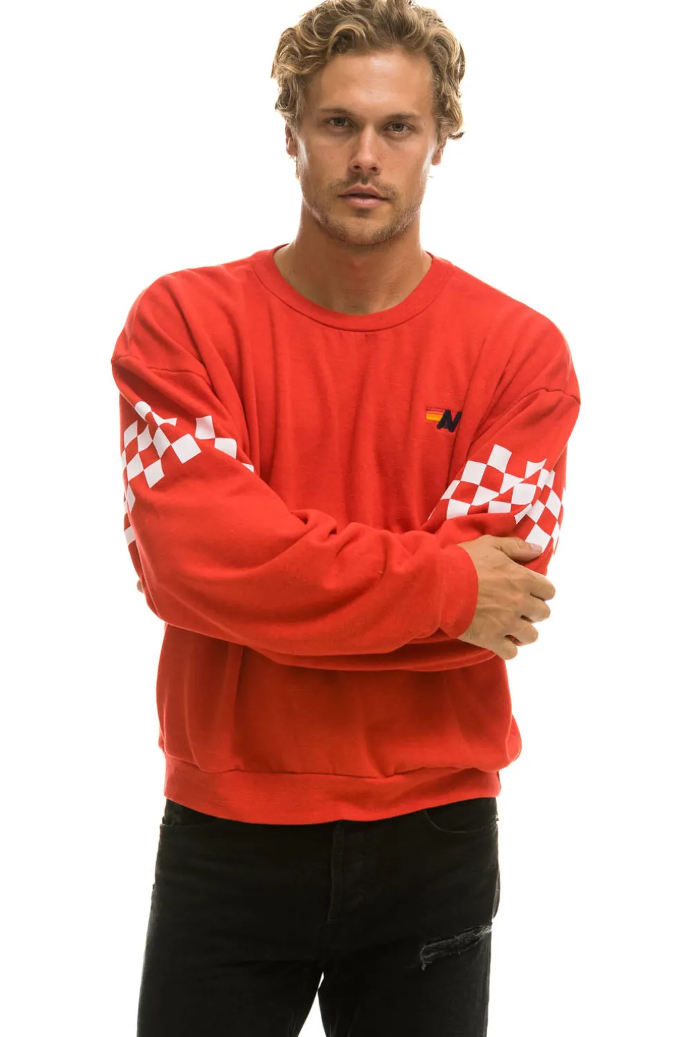 Sweatshirts | Sweatshirts | Aviator Nation CHECK 2 SLEEVE RELAXED CREW SWEATSHIRT - RED // WHITE RED//WHITE