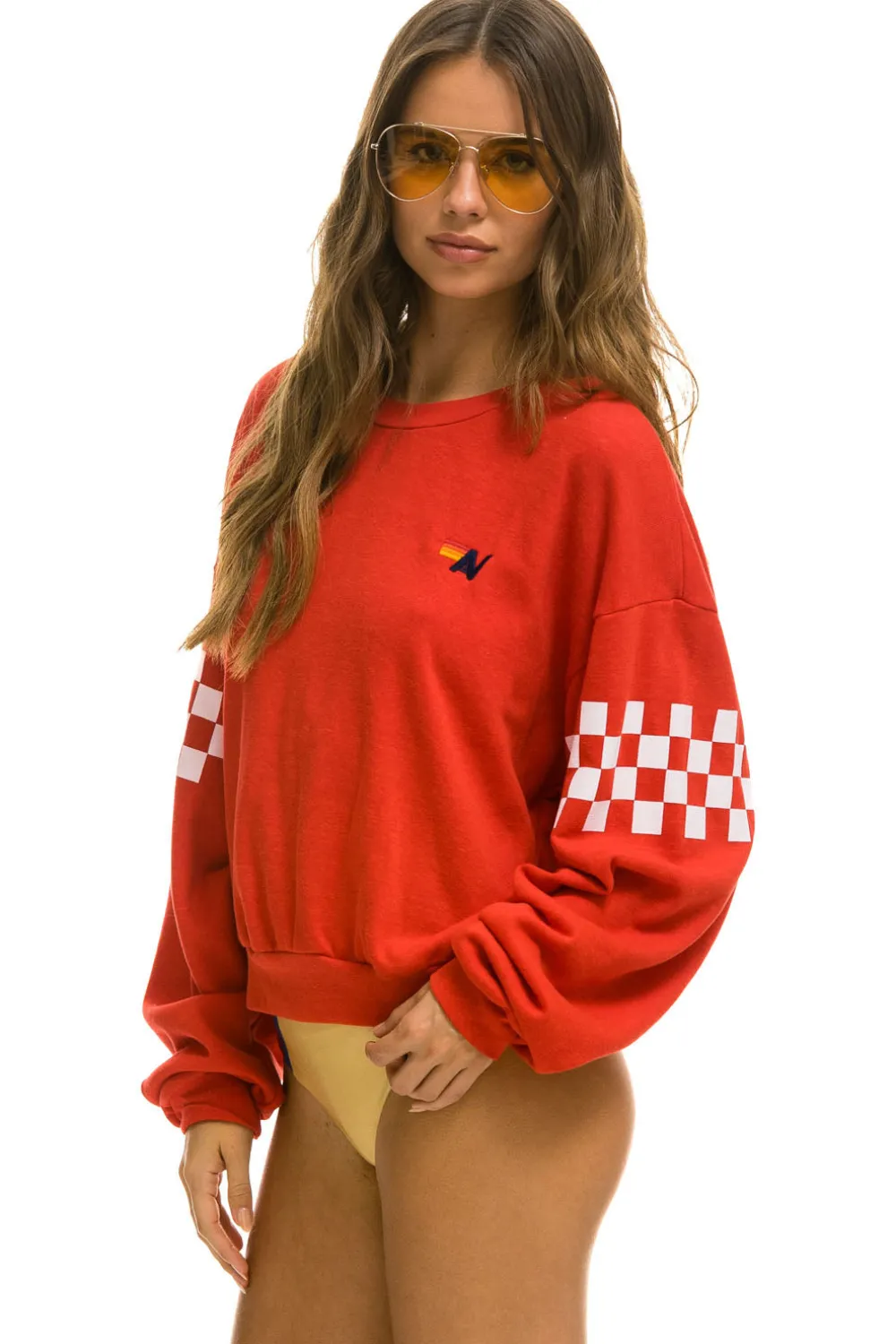 Sweatshirts | Sweatshirts | Aviator Nation CHECK 2 SLEEVE RELAXED CREW SWEATSHIRT - RED // WHITE RED//WHITE
