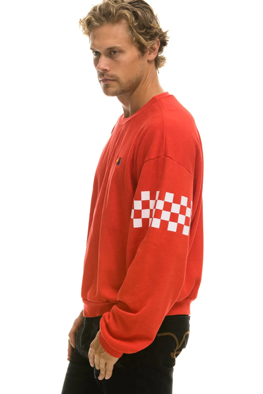 Sweatshirts | Sweatshirts | Aviator Nation CHECK 2 SLEEVE RELAXED CREW SWEATSHIRT - RED // WHITE RED//WHITE