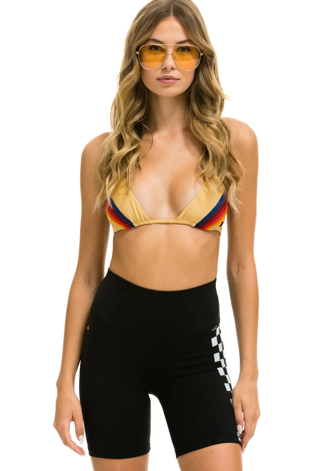 Activewear | Activewear | Aviator Nation CHECKER STRIPE 6 INCH HI-RISE BIKER SHORT - BLACK