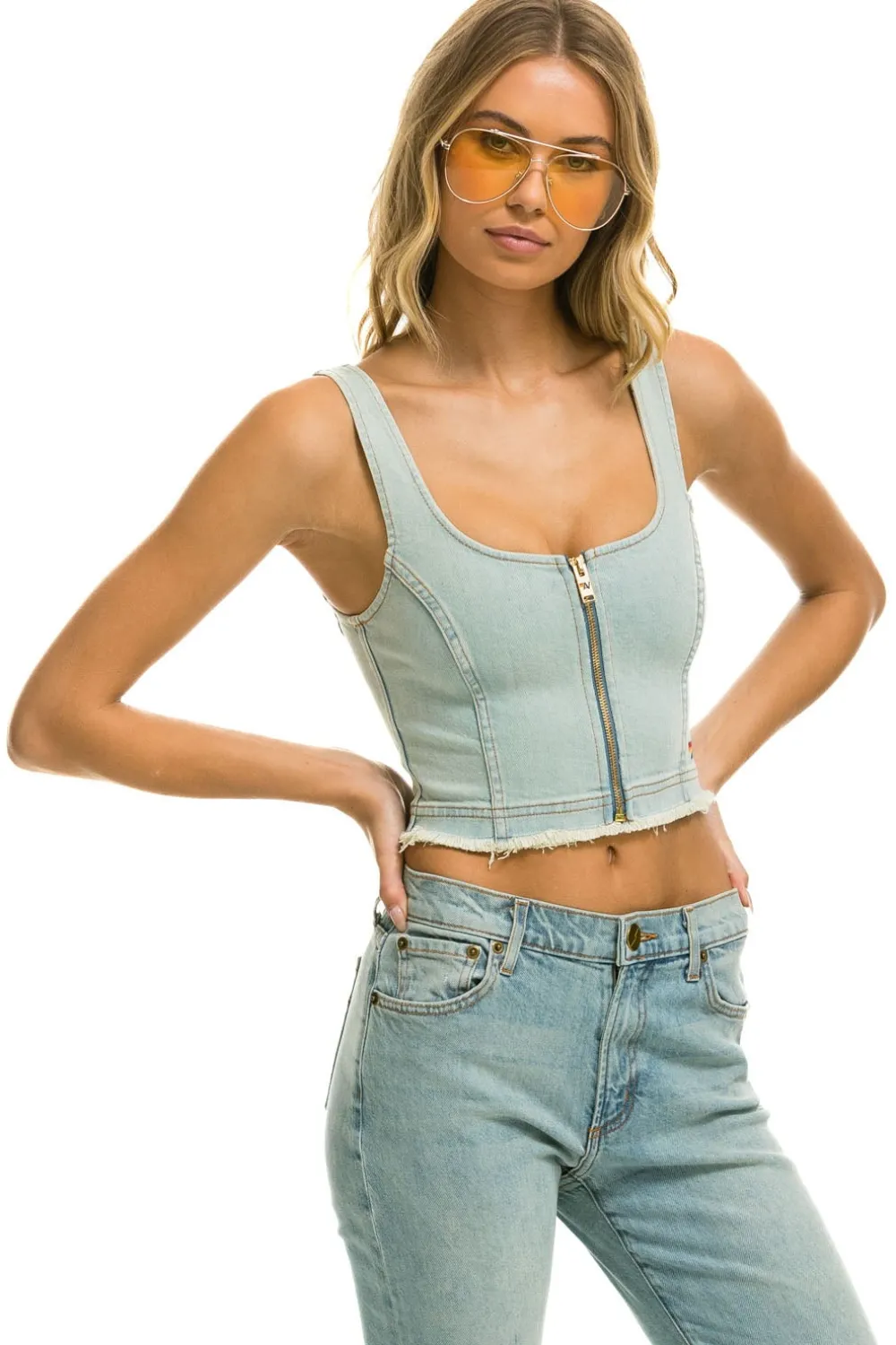 Denim | Denim | Aviator Nation DENIM TOP ZIP FRONT BUSTIER - VINTAGE