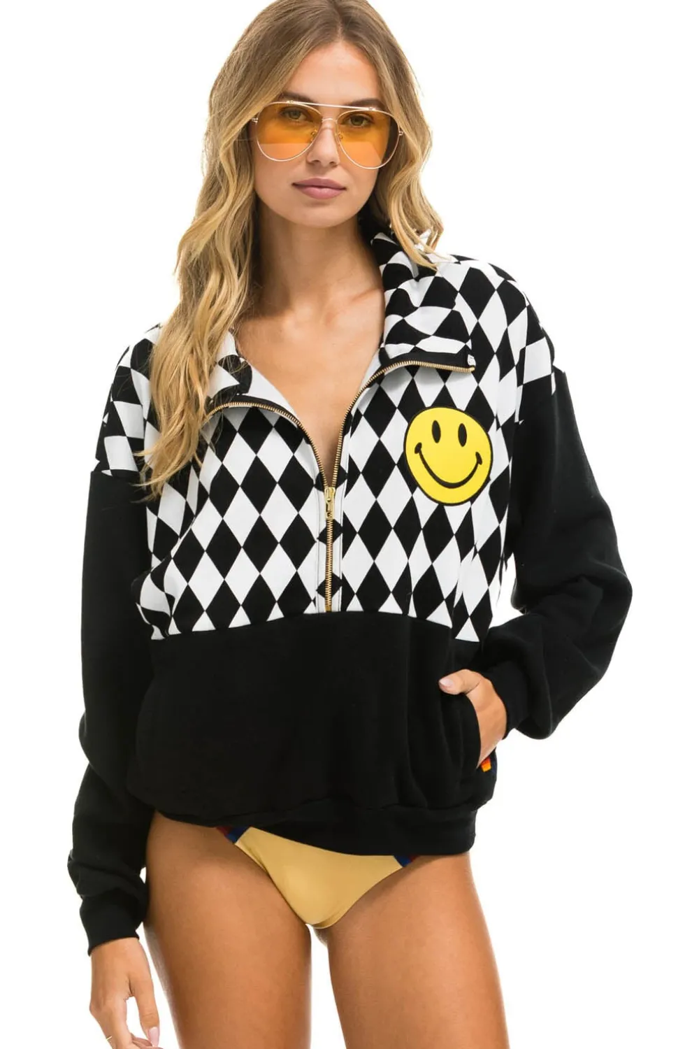 Sweatshirts | Sweatshirts | Aviator Nation DIAMOND SMILEY 2 EMBROIDERY FLEECE HALF ZIP SWEATSHIRT - BLACK // WHITE BLACK//WHITE