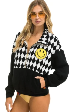 Sweatshirts | Sweatshirts | Aviator Nation DIAMOND SMILEY 2 EMBROIDERY FLEECE HALF ZIP SWEATSHIRT - BLACK // WHITE BLACK//WHITE