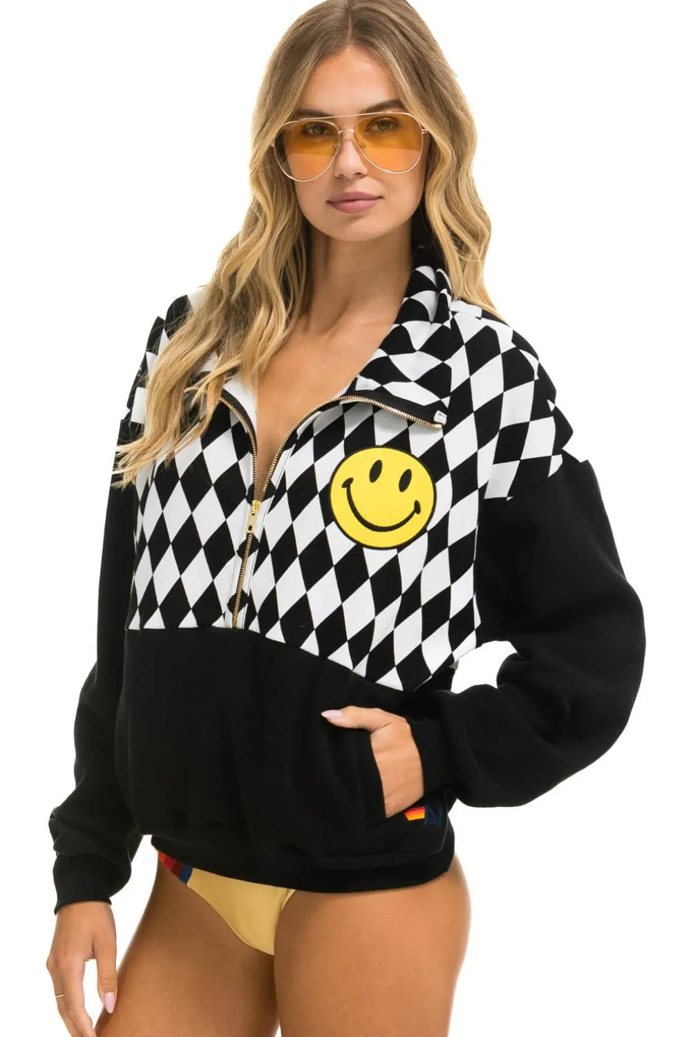 Sweatshirts | Sweatshirts | Aviator Nation DIAMOND SMILEY 2 EMBROIDERY FLEECE HALF ZIP SWEATSHIRT - BLACK // WHITE BLACK//WHITE