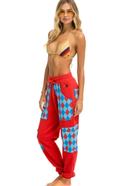 Sweatpants | Aviator Nation DIAMOND SMILEY 2 EMBROIDERY CARGO COLOR BLOCK SWEATPANTS - RED //SKY RED//SKY
