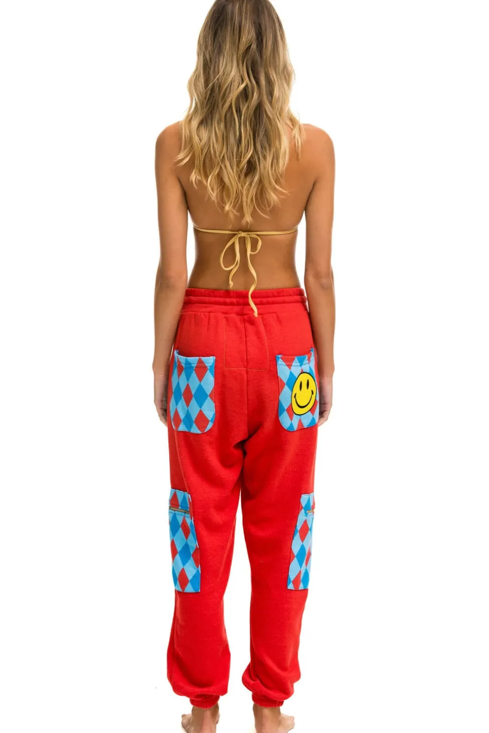 Sweatpants | Aviator Nation DIAMOND SMILEY 2 EMBROIDERY CARGO COLOR BLOCK SWEATPANTS - RED //SKY RED//SKY
