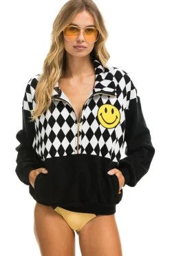 Sweatshirts | Sweatshirts | Aviator Nation DIAMOND SMILEY 2 EMBROIDERY FLEECE HALF ZIP SWEATSHIRT - BLACK // WHITE BLACK//WHITE