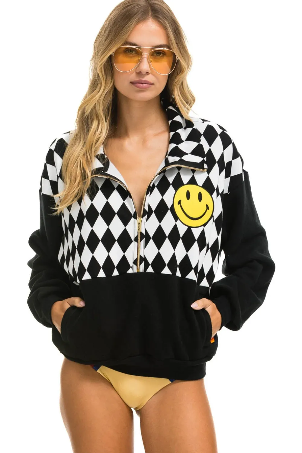 Sweatshirts | Sweatshirts | Aviator Nation DIAMOND SMILEY 2 EMBROIDERY FLEECE HALF ZIP SWEATSHIRT - BLACK // WHITE BLACK//WHITE