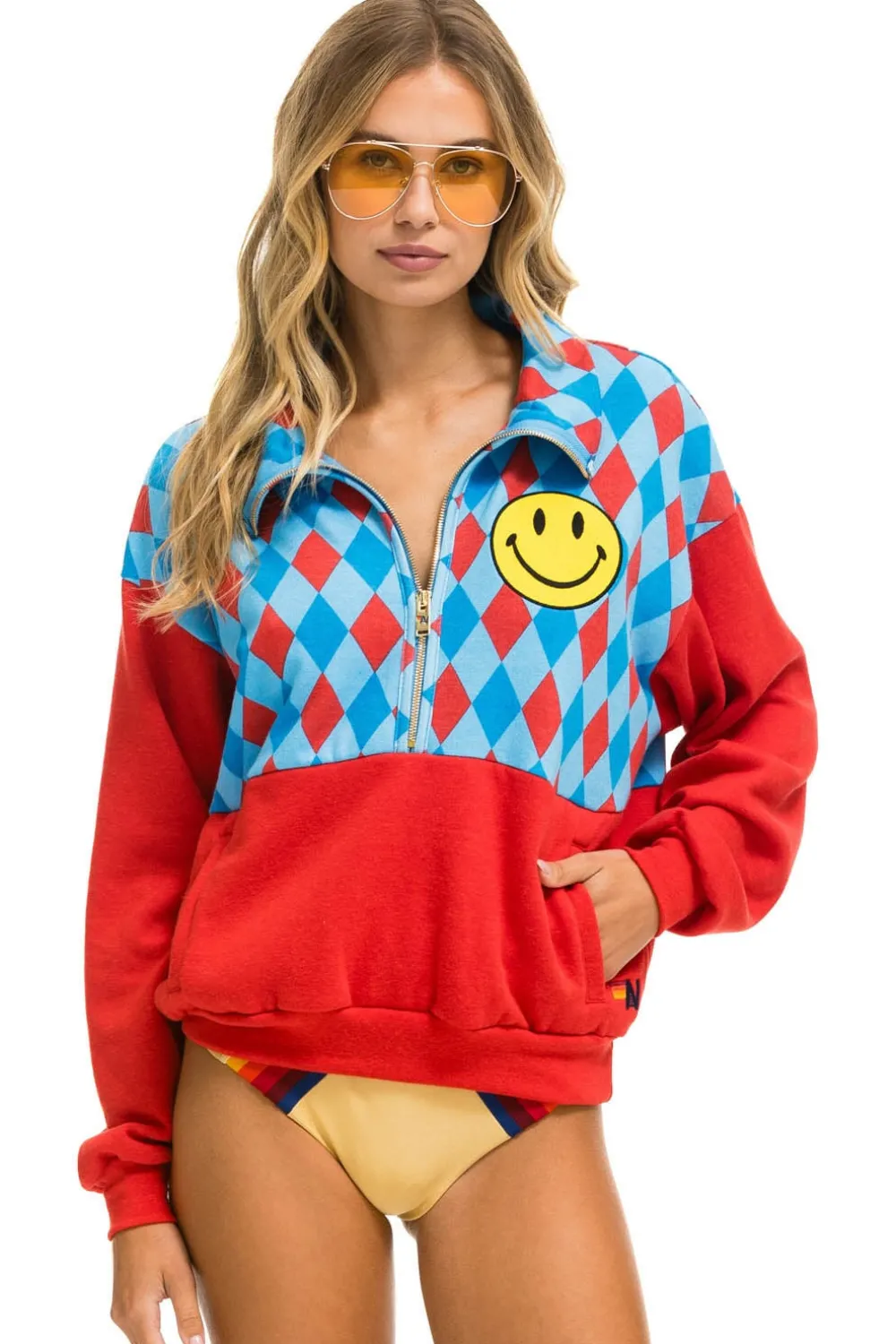 Sweatshirts | Sweatshirts | Aviator Nation DIAMOND SMILEY 2 FLEECE HALF ZIP COLOR BLOCK SWEATSHIRT - RED // SKY RED//SKY