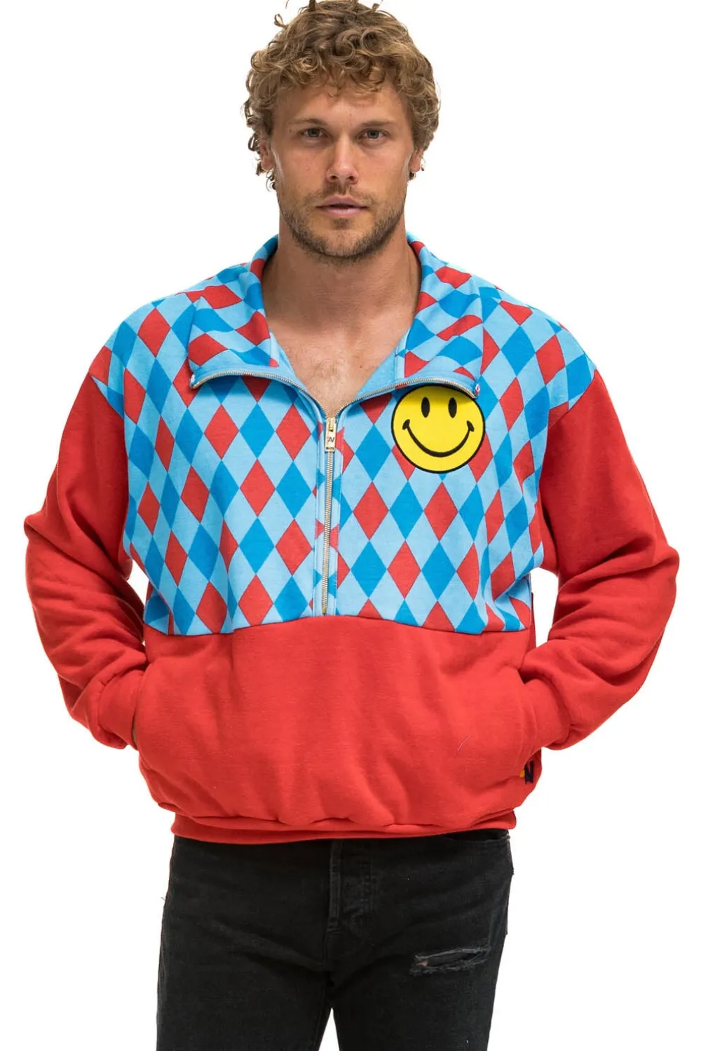 Sweatshirts | Sweatshirts | Aviator Nation DIAMOND SMILEY 2 FLEECE HALF ZIP COLOR BLOCK SWEATSHIRT - RED // SKY RED//SKY