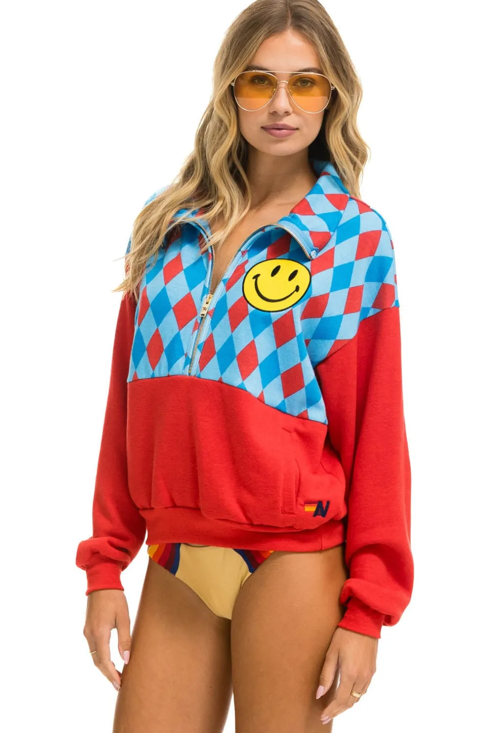 Sweatshirts | Sweatshirts | Aviator Nation DIAMOND SMILEY 2 FLEECE HALF ZIP COLOR BLOCK SWEATSHIRT - RED // SKY RED//SKY