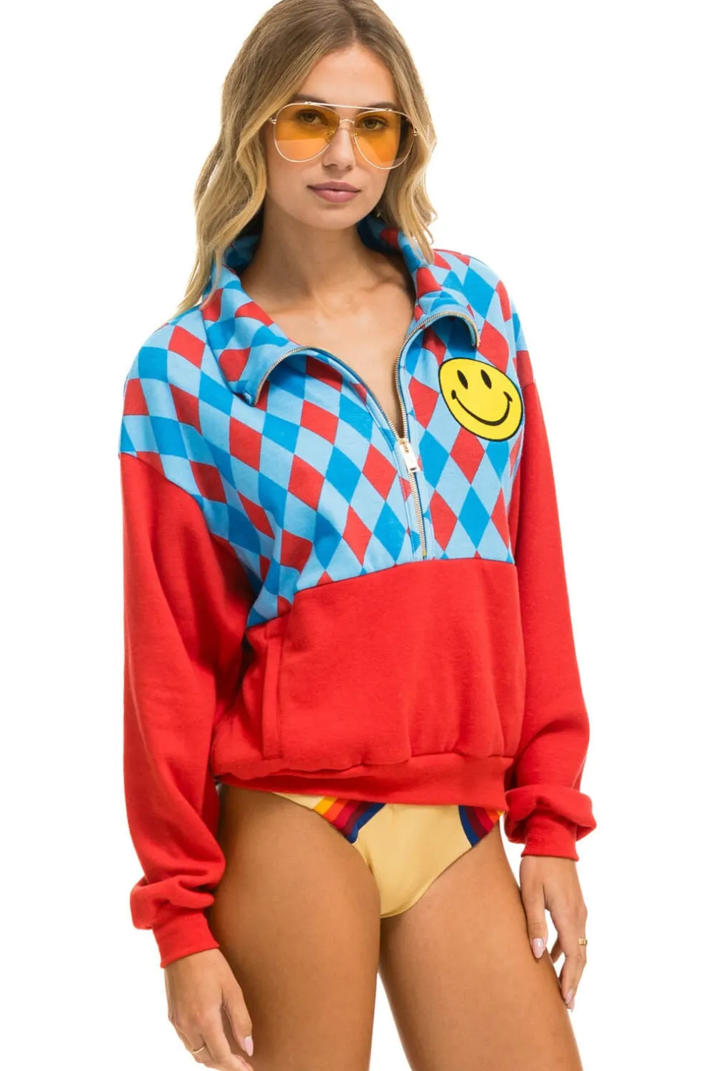 Sweatshirts | Sweatshirts | Aviator Nation DIAMOND SMILEY 2 FLEECE HALF ZIP COLOR BLOCK SWEATSHIRT - RED // SKY RED//SKY
