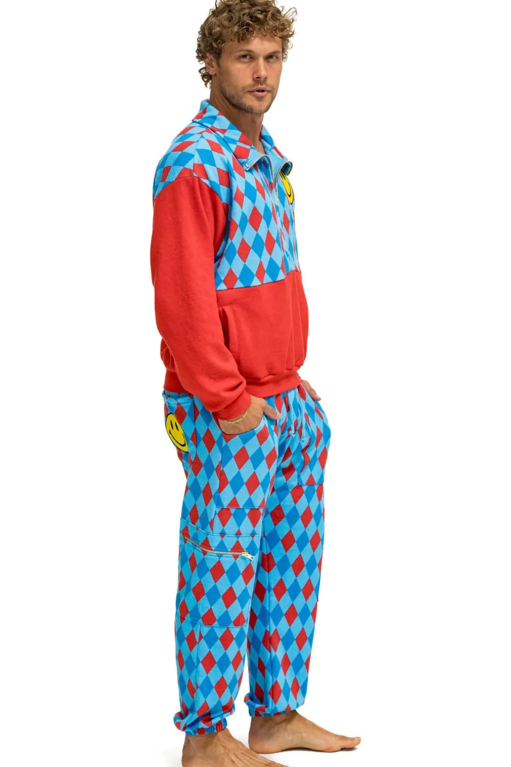 Sweatshirts | Sweatshirts | Aviator Nation DIAMOND SMILEY 2 FLEECE HALF ZIP COLOR BLOCK SWEATSHIRT - RED // SKY RED//SKY