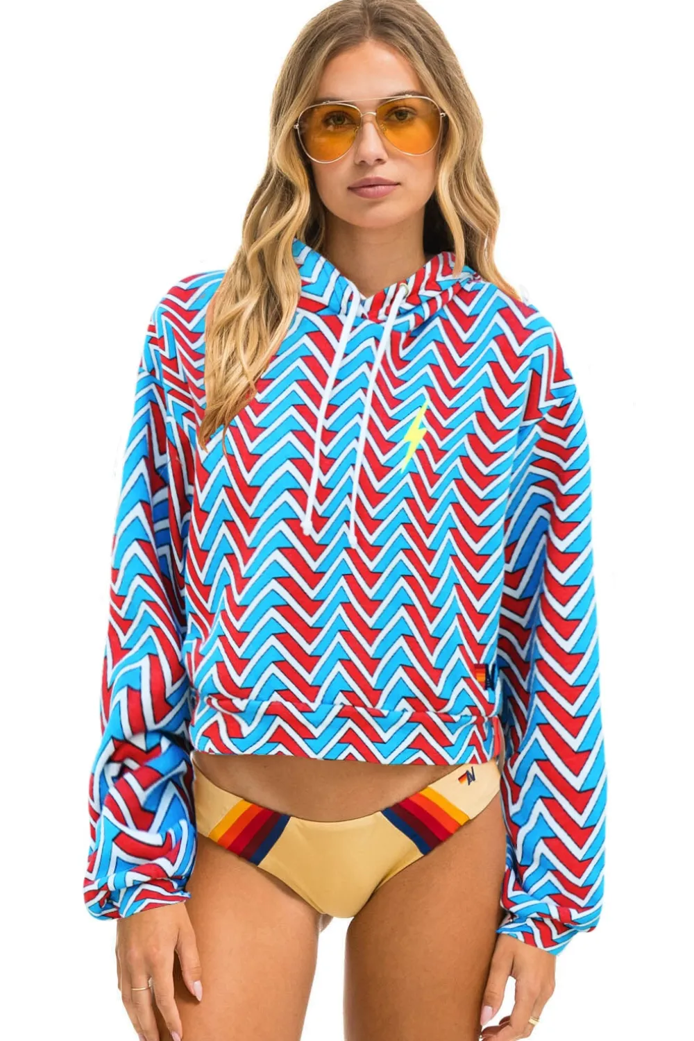 Hoodies | Aviator Nation GEO ZIG BOLT EMBRIODERY RELAXED CROPPED PULLOVER HOODIE - RED // BLUE RED//BLUE