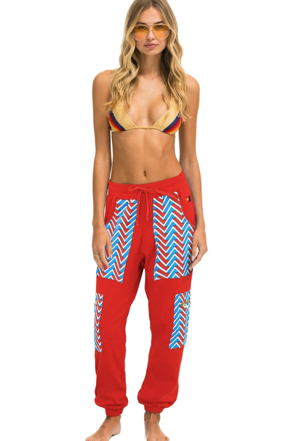 Sweatpants | Aviator Nation GEO ZIG BOLT EMBROIDERY CARGO COLOR BLOCK SWEATPANTS - RED // BLUE RED//BLUE