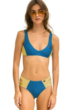 Swim Bottoms | Aviator Nation HI-WAISTED SIDE CUT OUT COLOR BLOCK CHEEKY BIKINI BOTTOMS - ANTIGUA // GOLD ANTIGUA//GOLD