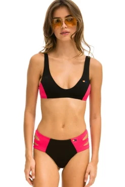 Swim Bottoms | Aviator Nation HI-WAISTED SIDE CUT OUT COLOR BLOCK CHEEKY BIKINI BOTTOMS - BLACK // RED BLACK//RED