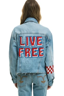 Denim | Denim | Aviator Nation LIVE FREE OVERSIZED CROP DENIM JACKET - SUPER LIGHT SUPERLIGHT